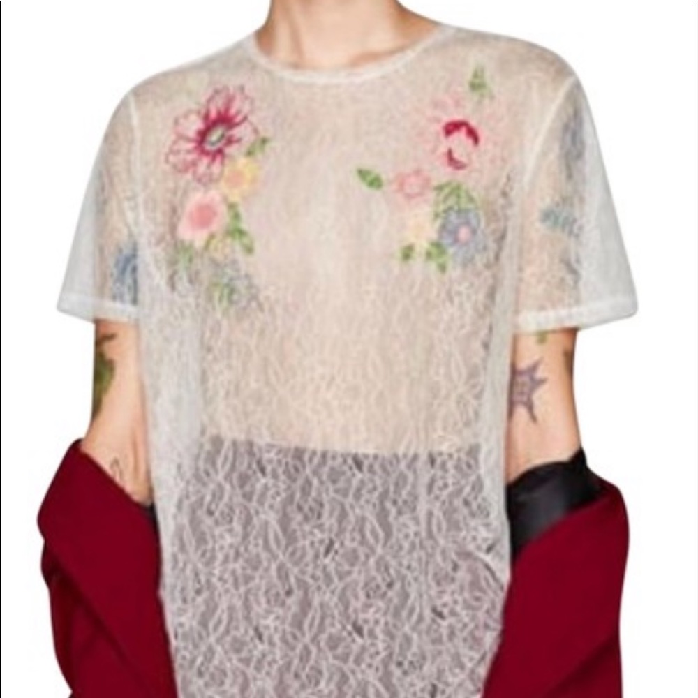 M Zara Lace Sheer Overlay embroidered floral top